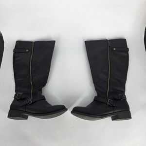 Brash Black Knee High Riding Boots 8 WIDE Calf W Faux Leather Buckle Flat Shoes
